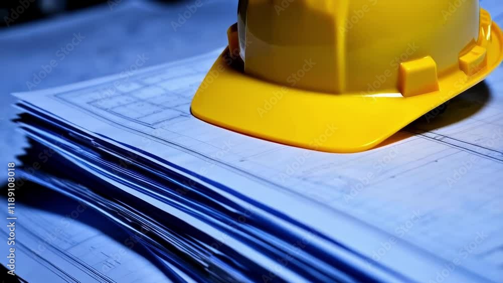 Poster construction projects involve blueprints and a yellow hard hat resting on them, symbolizing planning