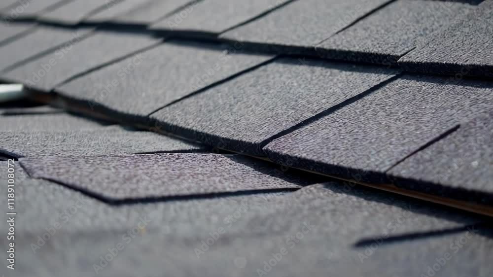 Poster closeup view of a roofer laying down asphalt shingles, meticulously overlapping each shingle to ensu