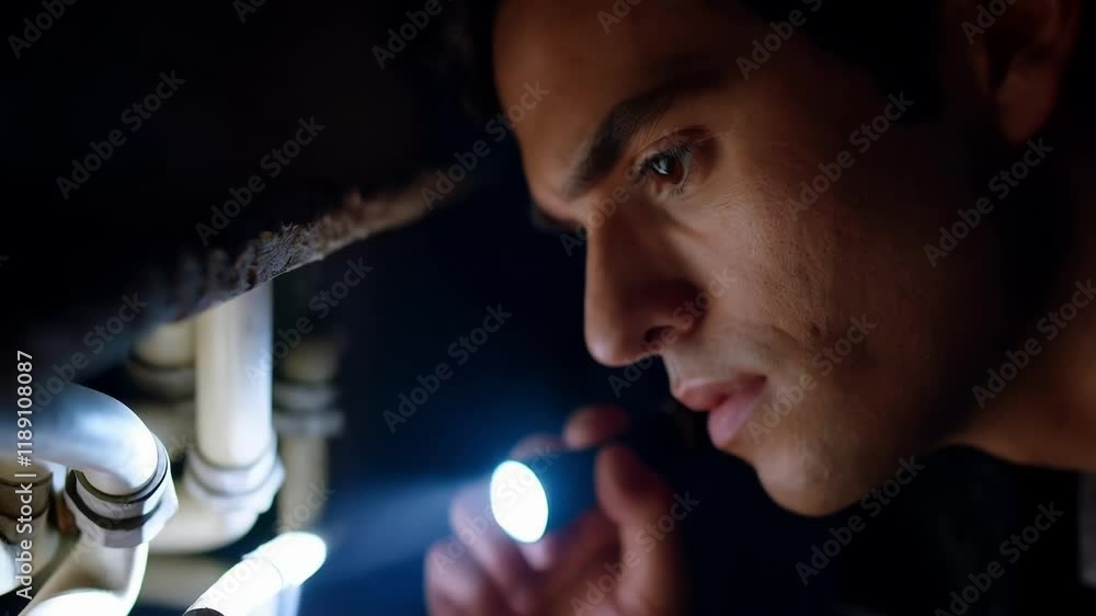 Poster focused plumber carefully examining pipes with a flashlight in a dimly lit area, demonstrating profe
