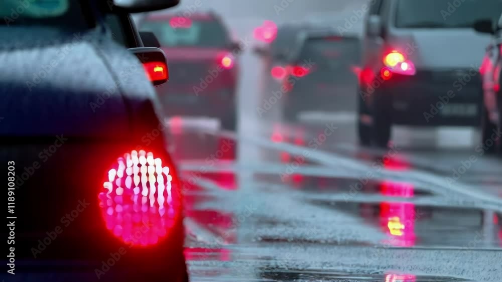 Aufkleber Multiple cars are stuck in a traffic jam on a rainy day, their brake lights creating a mesmerizing pattern of red and white reflections on the wet road surface