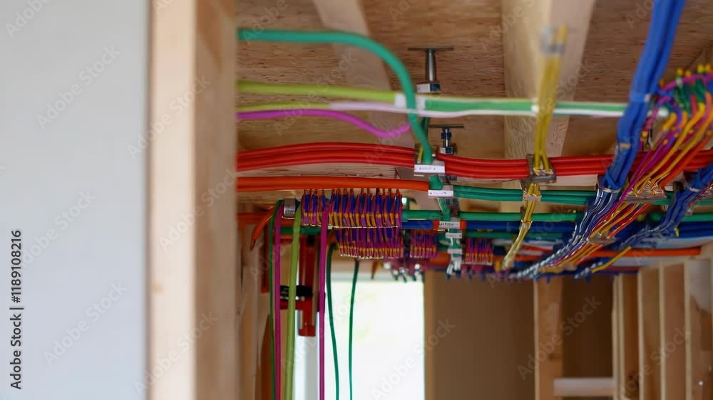 Poster construction workers are installing colorful electrical wiring and plumbing pipes within the walls o