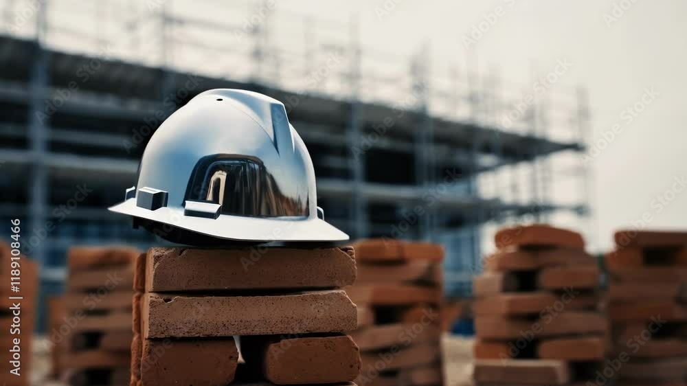 Poster construction safety helmet resting on stacked bricks near metal scaffolding, representing workplace 