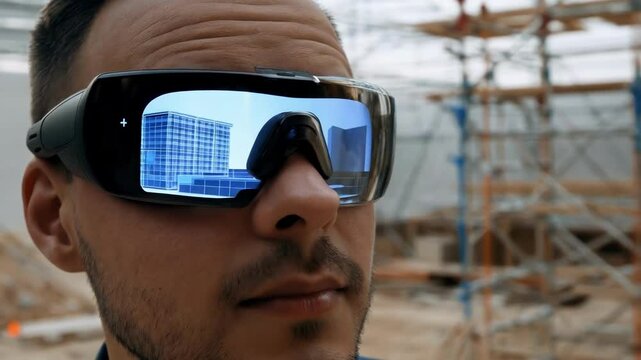 Construction professional wearing augmented reality glasses, visualizing complex 3d building project model at active construction site, representing digital engineering innovation