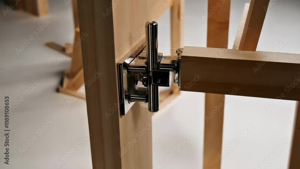 Aufkleber Close up view of a prefabricated wooden section featuring a secure fastening mechanism, highlighting the clean lines of the design and the robust construction