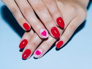hands with red manicure, nails with hearts