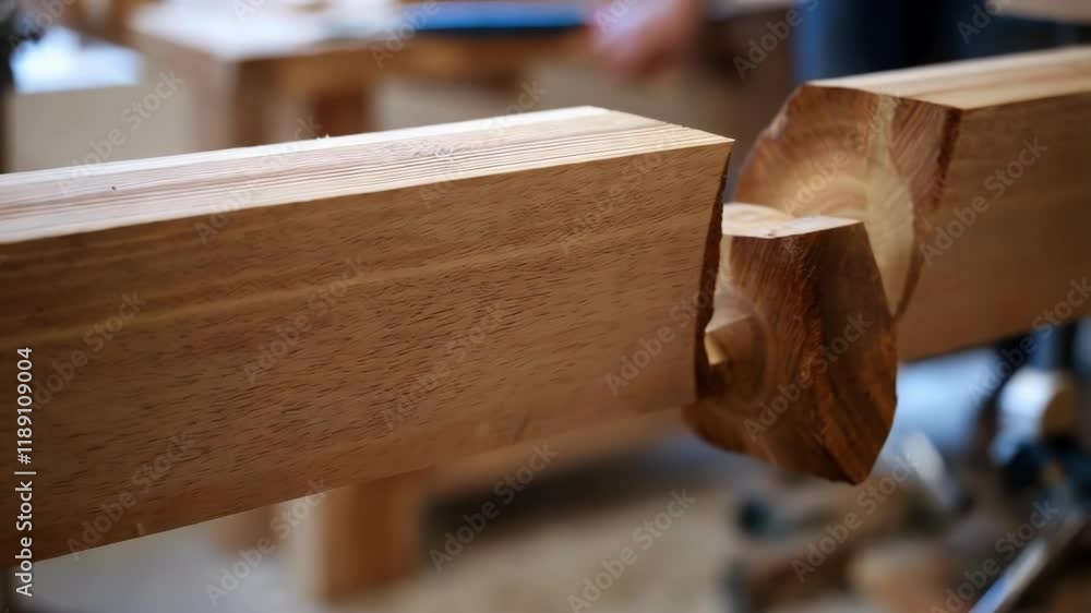 Poster Skilled woodworker carefully creating precision dovetail joint, demonstrating traditional carpentry technique with interlocking wooden components in workshop setting
