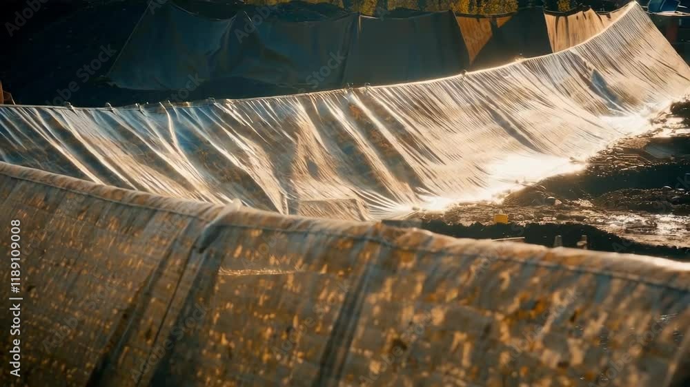 Poster sunlight reflects on a plastic sheet covering a disturbed area within a construction site, surrounde