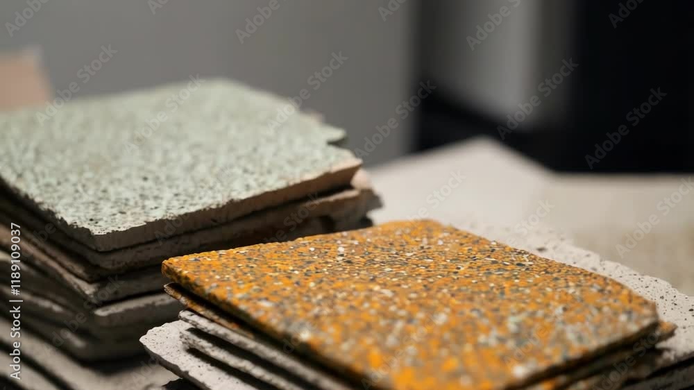 Poster stacks of recycled concrete samples, in different colors and textures, are displayed, showcasing the