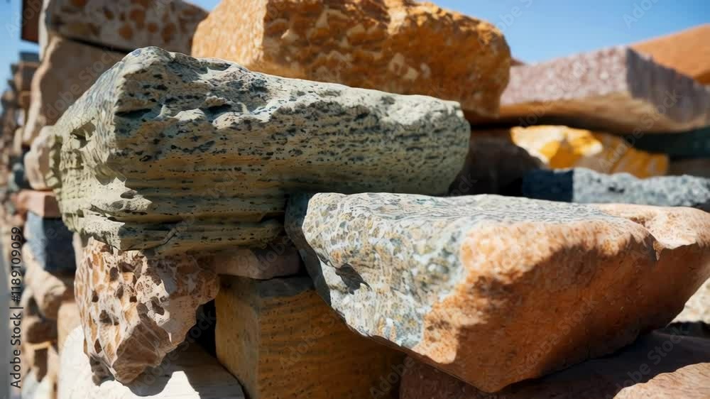 Poster Colorful natural stone blocks are stacked, creating an interesting texture and pattern under the bright sun, showcasing various geological formations