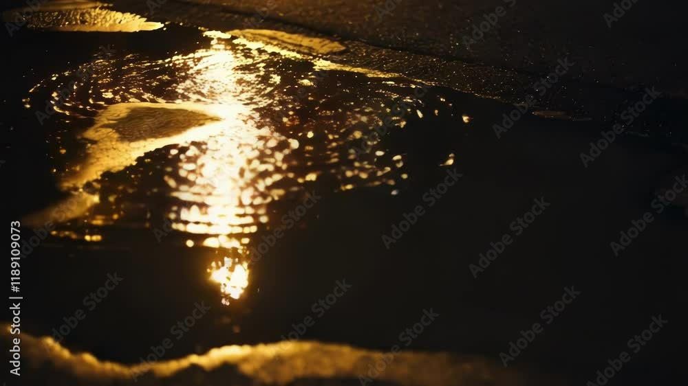 Poster golden street light illuminating rain soaked asphalt, creating shimmering reflections and expanding 