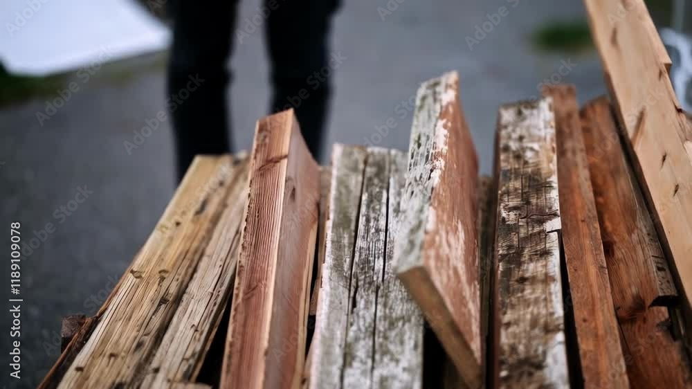 Fototapete skilled construction worker carefully sorting and organizing weathered wood planks, demonstrating su