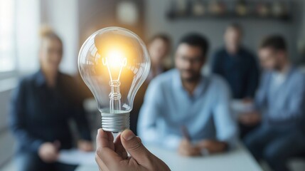 Diverse business team brainstorming in office. Person holds glowing light bulb symbolizing creative idea. Collaboration, teamwork are key concepts. Indoor setting suggests meeting or planning session.