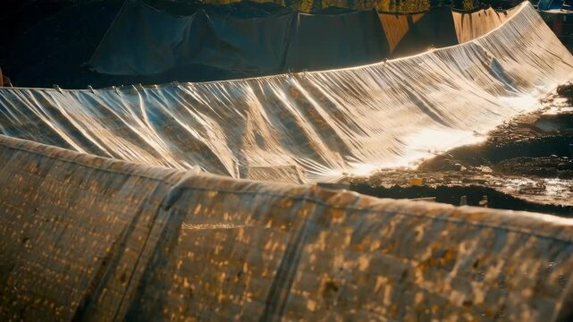 Sunlight reflects on a plastic sheet covering a disturbed area within a construction site, surrounded by a barrier of silt fencing to prevent erosion and sediment runoff