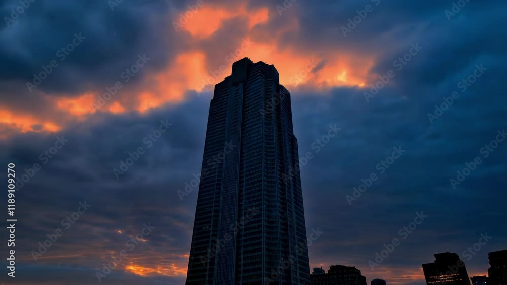 Poster Yokohama landmark tower stands tall against a backdrop of evolving clouds and vibrant sunset hues, showcasing the dynamic interplay of light and shadow