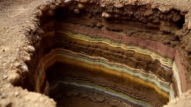 Geological strata investigation reveals colorful layers of earth in a precisely excavated rectangular trench at a construction site, offering insights into soil composition and stability