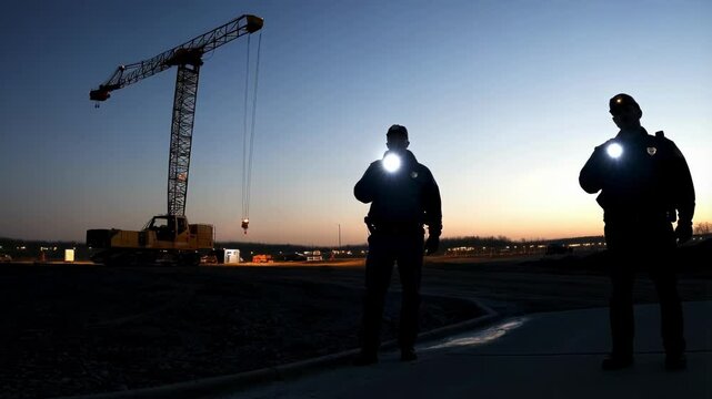 Two security guards patrol a construction site at dusk, their flashlights illuminating the area, with a crane silhouetted against the twilight sky