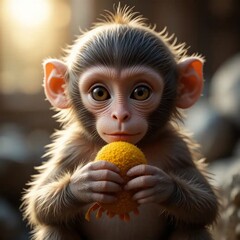 Adorable Baby Monkey Holding a Yellow Flower: A Close-Up Portrait of a Young Primate