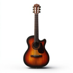 Naklejka premium Vintage acoustic guitar with a worn brown finish, isolated on a white background.