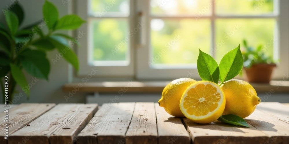 Aufkleber Sunlit Lemons on Rustic Wooden Table with Lush Greenery in Background