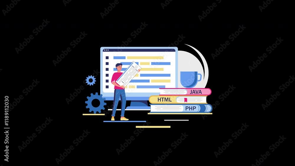 Poster a diverse programmer holding coding papers in front of a computer with programming languages and boo