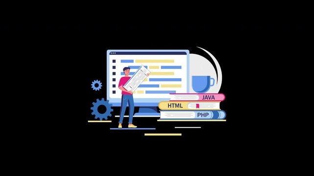 A diverse programmer holding coding papers in front of a computer with programming languages and books, exemplifying technology.