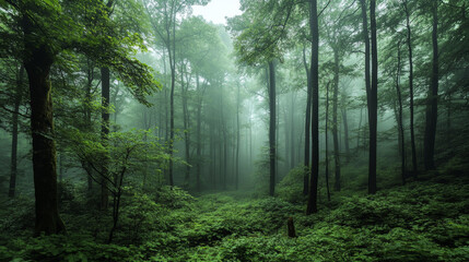 Obraz premium Lush green forest with tall trees and misty atmosphere, creating serene and tranquil environment. dense foliage and soft light enhance peaceful ambiance