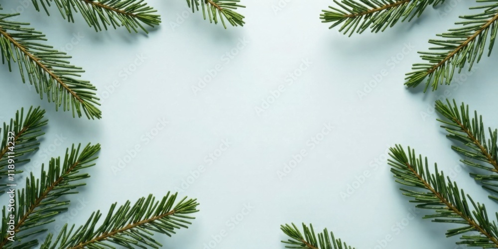 Poster Serene evergreen branches arranged on a light blue background creating a calming and peaceful frame.