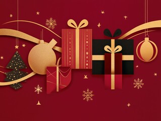 festive christmas gifts and decorations on a red background