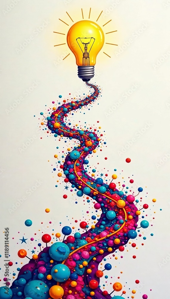 Poster a vibrant, artistic light bulb with colorful orbs creating a dynamic visual pathway.