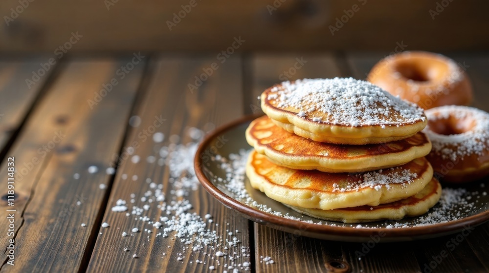 Poster a stack of fluffy pancakes dusted with powdered sugar, accompanied by glazed donuts on a rustic wood