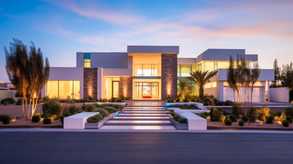 Modern luxury house illuminated at dusk with striking architecture and landscaped gardens in a tranquil neighborhood setting