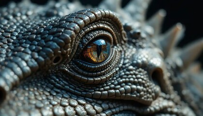 Fototapeta premium Closeup of a Reptilian Eye: Intricate Scales and Reflective Gaze of a Dragon-like Creature
