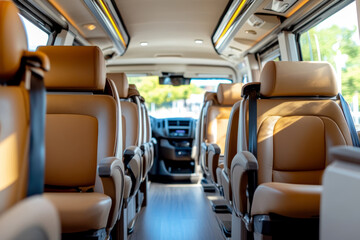Luxurious interior of modern van featuring tan leather seats, spacious layout, and ample lighting, perfect for comfortable travel