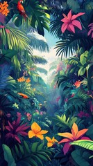 Obraz premium Lush Tropical Paradise With Vibrant Flowers And Parrot