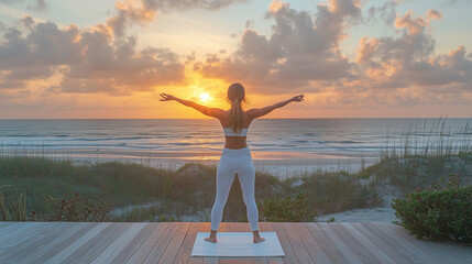Fototapeta premium Young woman in white practicing yoga on ocean beach at sunset