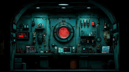 Fototapeta premium Futuristic control room, red light, spaceship, equipment, background darkness, game design