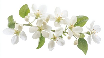 Obraz premium a branch of white apple blossoms and green leaves against a white background
