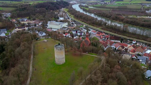 Aerial view of Heinrichsturm in Bad Abbach, Bavaria, Germany. This medieval tower surrounded by scenic Bavarian hills, Danube River and countryside, offers breathtaking views and historical heritage. 