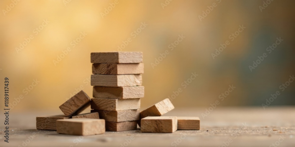 Poster Wooden Blocks Stacked on a Tabletop, Illustrating a Concept of Stability and Risk