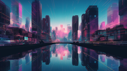Naklejka premium Futuristic neon cityscape with skyscrapers, vibrant reflections, and glowing lights in a cyberpunk-inspired urban setting 