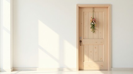 Light streams into a minimalist room, illuminating a light wood door adorned with a hanging floral arrangement.