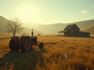 Obraz premium This image shows a rustic farmhouse and an old tractor in a field at dusk. The scene is set against a backdrop of rolling hills and a soft, golden sky.
