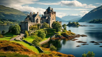 Naklejka premium Majestic castle overlooking a serene lake surrounded by lush mountains on a sunny day in Scotland