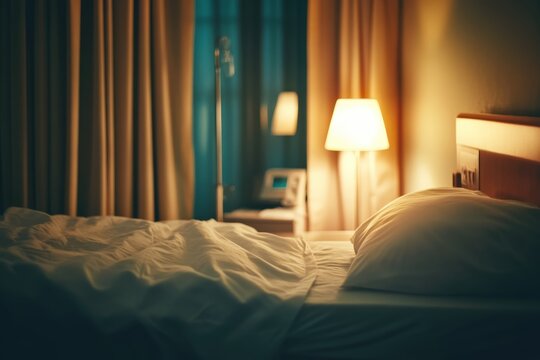 Empty hospital bed illuminated by lamp at night: concept of recovery and hope