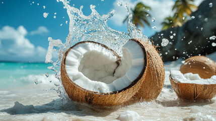 Fototapeta premium Coconuts splashing in ocean, showcasing fresh coconut meat and tropical scenery. vibrant beach setting evokes sense of relaxation and paradise