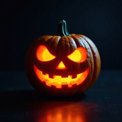 Carved pumpkin with eerie glow on dark background, orange, glow