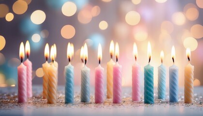 lit pastel birthday candles on a light background with colorful bokeh celebrating a festive occasion