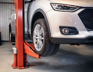lifted car in garage with visible tire waiting for maintenance service
