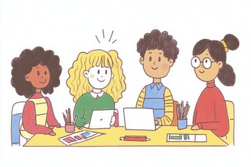 collaborative learning session with diverse young students engaging in group activity, cute cartoon illustration. education and learning concept. back to school