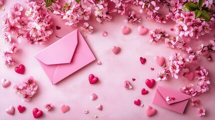 Romantic Pink Flowers and Envelopes for Valentine's Day Background